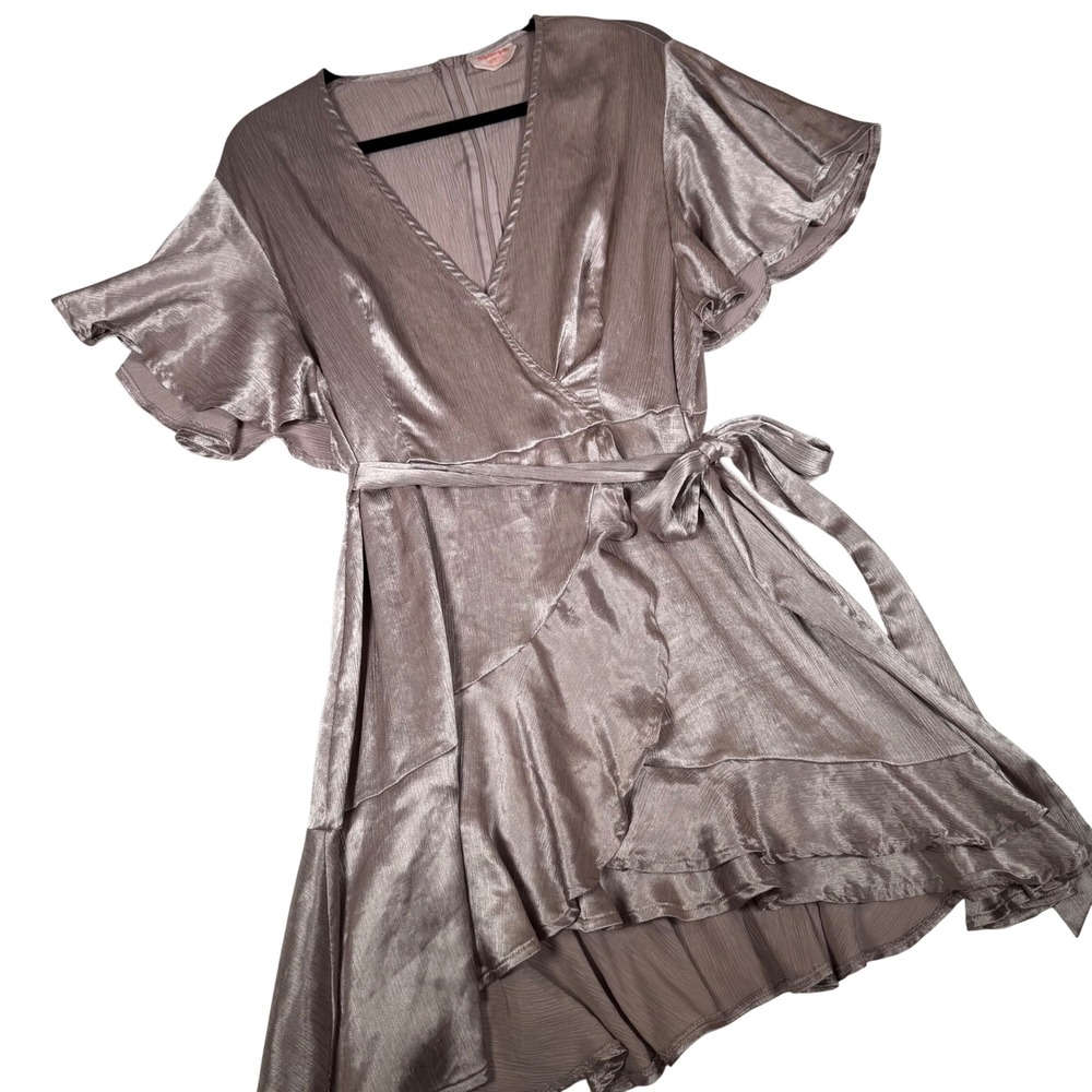 Showpo Metallic Rose‎ Gold Wrap Mini Dress Ruffle High Low 14 Mauve Party XL